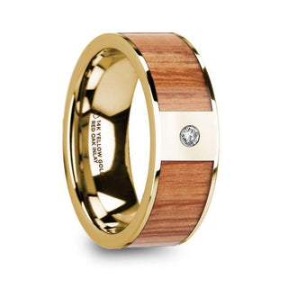 ONESIMOS Men’s Polished 14k Yellow Gold & Red Oak Wood Inlaid Wedding Ring with Diamond - 8mm