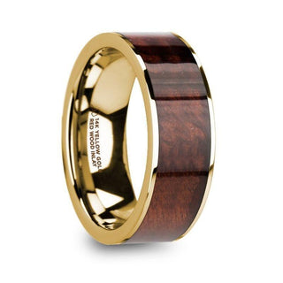 PHOIBOS Men’s 14k Yellow Gold Flat Wedding Ring with Red Wood Inlay - 8mm