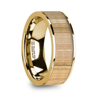 TOBIAS Polished 14k Yellow Gold Men’s Flat Wedding Band with Ash Wood Inlay - 8mm