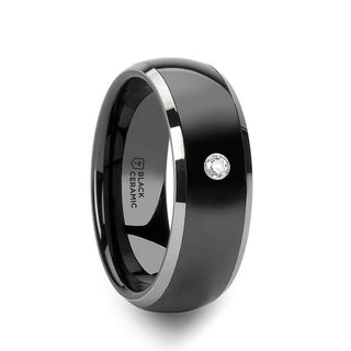 GLENDALE Domed Black Ceramic Comfort Fit Wedding Band with Polished Tungsten Edges and White Diamond Setting - 8mm