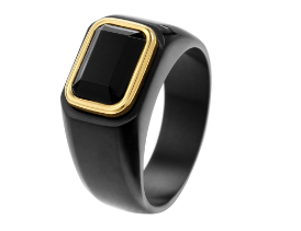 SPARRO Black Titanium Signet Ring With Black Onyx Inlay Outlined in Gold Plating