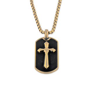 Gold Stainless Steel Pendant with Forged Carbon Fiber Inlay with 22in Matching Chain