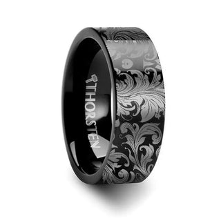 Filigree Leaf Pattern Black Tungsten Engraved Ring - 4mm - 12mm