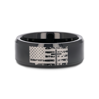 American Flag and Cross Engraved Black Tungsten Beveled Band