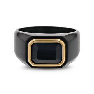 SPARRO Black Titanium Signet Ring With Black Onyx Inlay Outlined in Gold Plating