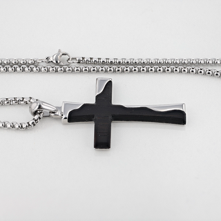 Stainless Steel Cross Pendant With Ebony Wood Inlay and Matching Chain