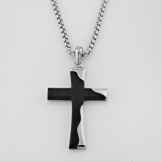 Stainless Steel Cross Pendant With Ebony Wood Inlay and Matching Chain