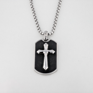 Stainless Steel Pendant With Forged Carbon Fiber Inlay And Cross With Matching Chain