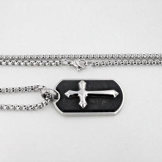 Stainless Steel Pendant With Forged Carbon Fiber Inlay And Cross With Matching Chain