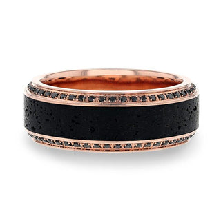 HYPERIA Lava Inlaid 10K Rose Gold Men's Wedding Band With Black Diamonds Around Polished Edges - 10mm