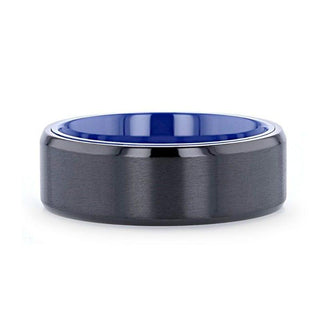CASTOR Beveled Edges Black Titanium Ring with Brushed Center and Vibrant Blue Inside - 8mm