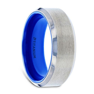 ARCTIC Flat Beveled Edges Titanium Ring with Brushed Center and Vibrant Blue Inside - 8mm