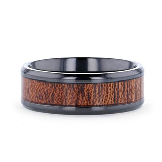 DOMINICA Black Titanium Band with Polished Bevels and Exotic Mahogany Hard Wood Inlay - 8mm