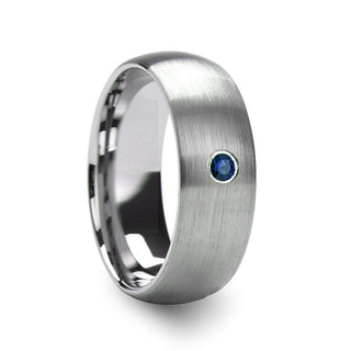 MELANTHIOS Men’s Domed Brushed Tungsten Wedding Ring with Blue Diamond Center - 6mm & 8mm