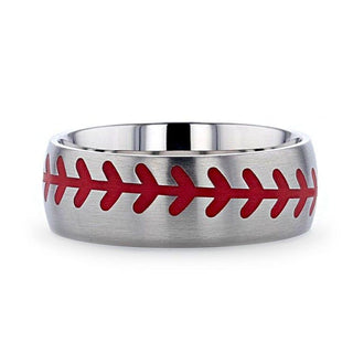 DIMAGGIO Titanium Brushed Finish Ring with Red Baseball Stitching Pattern - 8mm