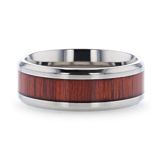 NORRO Titanium Polished Beveled Edges Padauk Wood Inlaid Men’s Wedding Band - 6mm & 8mm