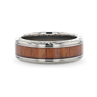 OHANA Koa Wood Inlaid Titanium Men’s Wedding Ring with Intricate Edges - 6mm - 10mm