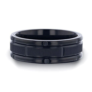 WYNN Alternating Grooves And Horizontal Etched Finish Black Titanium Men's Wedding Band With Alternating Grooved Beveled Polished Edges - 8mm
