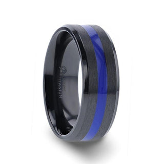 JACKSEN Black Titanium Men's Wedding Band Beveled Black Titanium With Blue Stripe Inlaid Brushed Finish Center And Polished Beveled Edges - 8mm