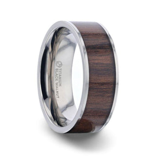 LOGAN Flat Polished Black Walnut Wood Inlaid Titanium Men's Wedding Band With Flat Polished Edges - 8mm