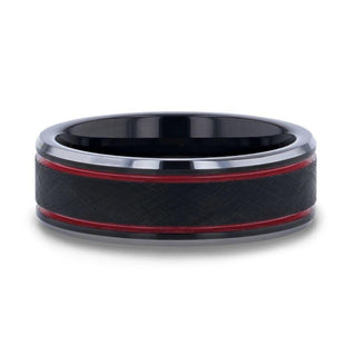OLIS Wire Finish Centered Black Tungsten Men's Wedding Band With Double Red Stripe Polished Beveled Edges - 8mm