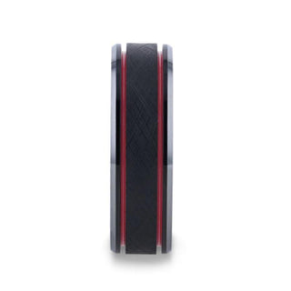 OLIS Wire Finish Centered Black Tungsten Men's Wedding Band With Double Red Stripe Polished Beveled Edges - 8mm