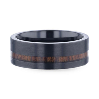 DARING Off-Set Koa Wood Inlaid Black Titanium Men's Wedding Band With Flat Brushed Finish - 8mm