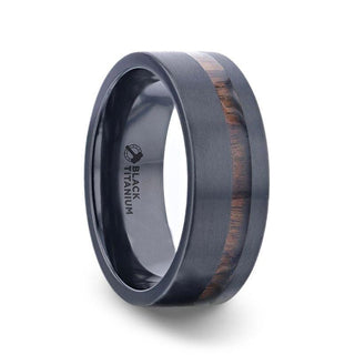 DARING Off-Set Koa Wood Inlaid Black Titanium Men's Wedding Band With Flat Brushed Finish - 8mm