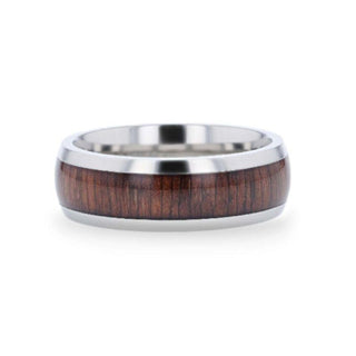CARY Black Walnut Wood Inlaid Titanium Domed Polished Finish Men's Wedding Ring With Beveled Edges - 8mm
