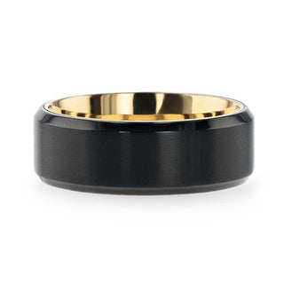 VELVET Flat Brushed Black Titanium Men's Wedding Ring With Yellow Gold Plating Interior And Beveled Polished Edges - 8mm