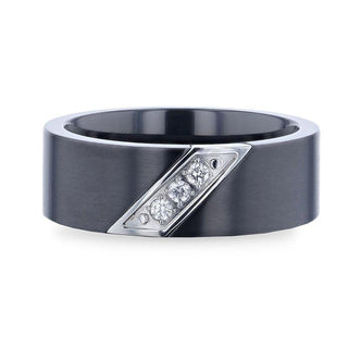 JAGUAR Flat Brushed Black Titanium Men's Wedding Band With Small Silver-Coated Diagonal Design And A Set of 3 Diamonds - 8mm