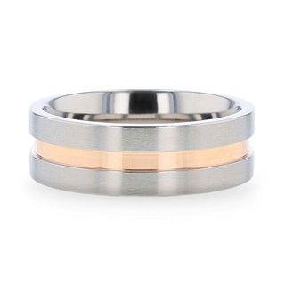MARS Titanium Flat Brushed Finished Men's Wedding Ring With Rose Gold Plated Groove Center - 8mm