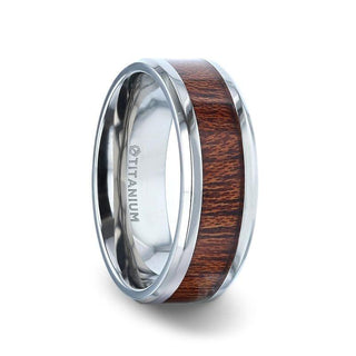 MELIA Mahogany Wood Inlaid Titanium Flat Polished Finish Men's Wedding Ring With Beveled Edges - 8mm