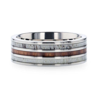 TRIPOLI Wood Inlaid Titanium Flat Polished Finish Men's Wedding Ring With White Double Deer Antler Edges - 8mm