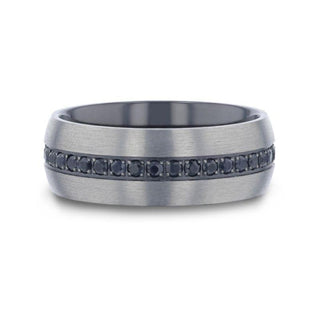 AVIATOR Domed Brushed Titanium Men's Wedding Band with Black Sapphire Stones Inlay - 8mm