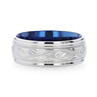 MARINER Titanium Milgrain Engraved Finish Men 's Wedding Ring with Blue Plating Inside- 8mm