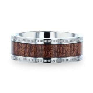 MOCHA Koa Wood Inlaid Titanium Men's Wedding Ring With Polished Milgrain Edges - 8mm