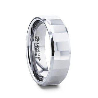 REFLECTOR Faceted Polished Center Tungsten Men's Wedding Band With Polished Beveled Edges - 8mm