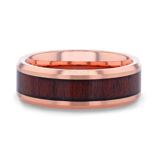 DYLAN Rose Gold Plated Koa Wood Inlaid Tungsten Men's Wedding Band With Beveled Polished Edges - 8mm