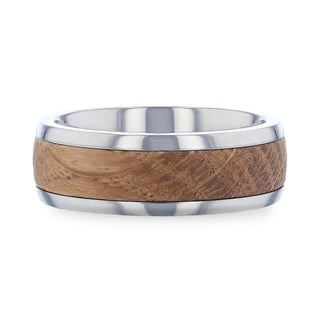 STAVE Whiskey Barrel Inlaid Titanium Men's Wedding Band With Domed Polished Edges Made From Genuine Whiskey Barrels - 8mm