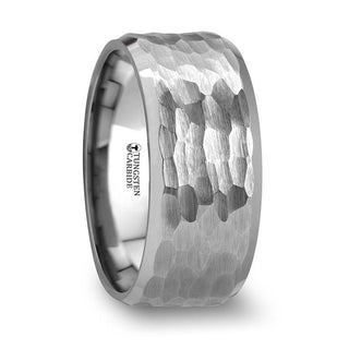 MARTEL White Tungsten Ring with Hammered Finish and Polished Bevels - 8mm & 10mm
