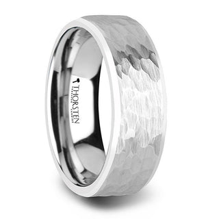 MARTEL White Tungsten Ring with Hammered Finish and Polished Bevels - 8mm & 10mm