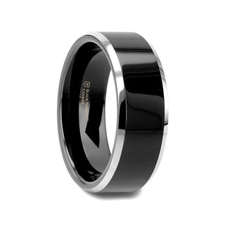 VALENCIA Women's Black Tungsten Ring with Polished Finish and White Tungsten Bevels - 4mm