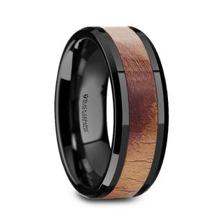 MARCUS Olive Wood Inlaid Black Ceramic Ring with Bevels - 6mm & 8mm