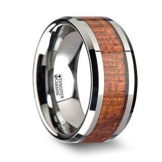 KHAYA Tungsten Band with Polished Bevels and Real Hardwood Mahogany Inlay - 10mm