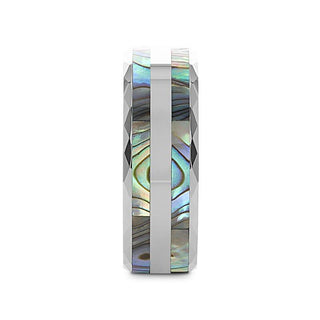 PAUA Double Abalone Shell Inlay Faceted Tungsten Ring With Beveled Polished Edges - 8mm