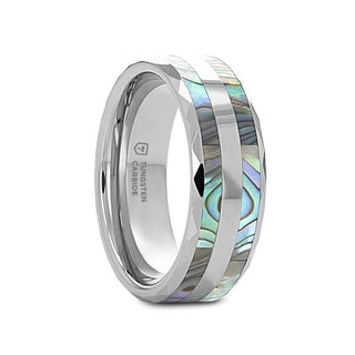 PAUA Double Abalone Shell Inlay Faceted Tungsten Ring With Beveled Polished Edges - 8mm