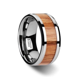 VERMILLION Red Oak Wood Inlaid Tungsten Carbide Ring with Bevels - 6mm - 10mm