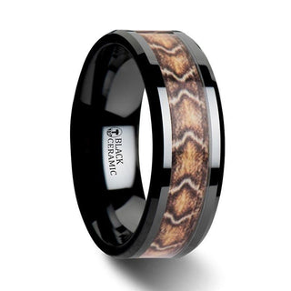 FANG Black Ceramic Wedding Ring with Boa Snake Skin Design Inlay - 8mm