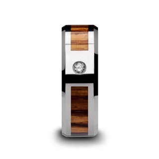 SABER Tungsten Carbide Diamond Ring with Beveled Edges and Real Zebra Wood Inlay - 8mm